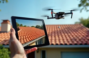 Drone inspecting a residential tile roof while the live view appears on a tablet